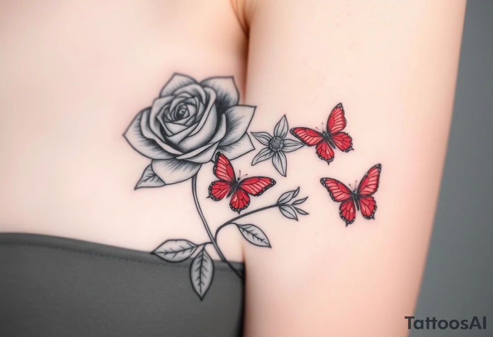 Rose and daffodil with 2 red butterflies one larger than other tattoo idea