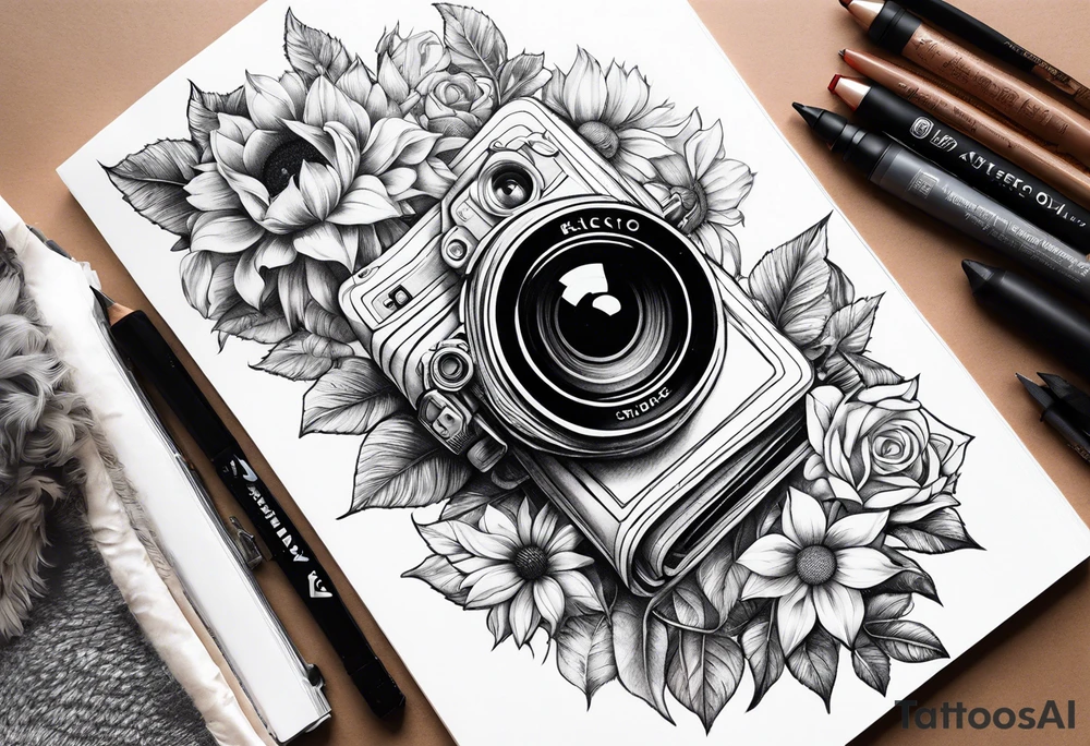 Sunflower, camera, book, owl, flower rose tattoo idea