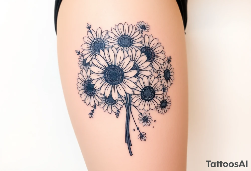 Bouquet of sunflowers, water Lillies, dahlias, marigolds, carnations, hydrangeas, daisys, and chrysanthemums tattoo idea