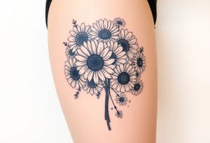 Bouquet of sunflowers, water Lillies, dahlias, marigolds, carnations, hydrangeas, daisys, and chrysanthemums tattoo idea