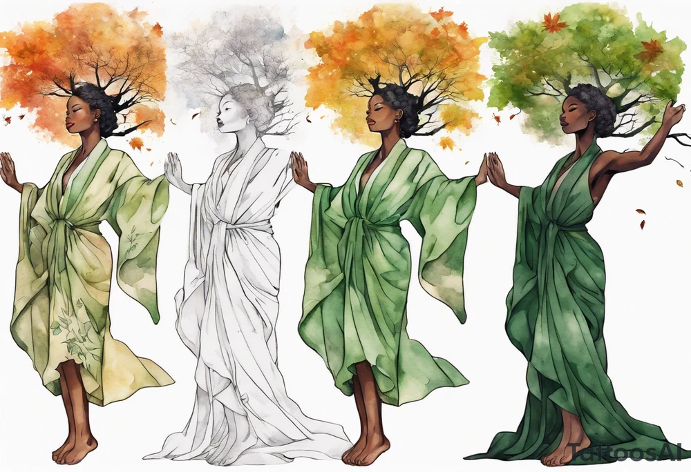 a beautiful black woman with the lower half of a tree with roots, wearing a green robe, arms reaching up towards the sun blazing in the sky, autumn leaves in her hair tattoo idea