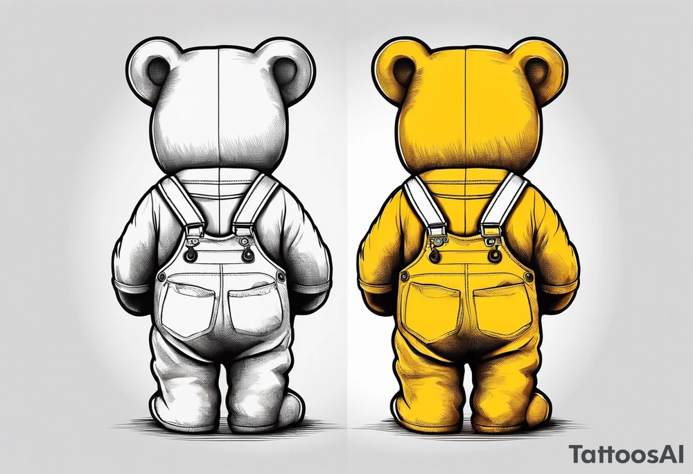 the back of a standing teddy bear in yellow overalls tattoo idea
