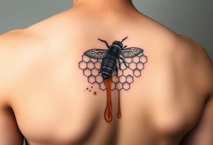 honeycomb with bee and dripping honey on a steampunk design on the upper arm tattoo idea