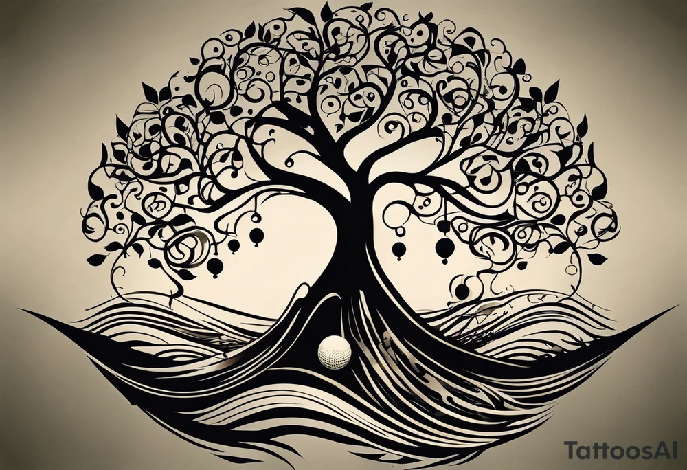 A tattoo design that incorporates the following elements: an abstract tree of life that has roots emerging  from the ground. Waves of water encapsulate the tree and wind around it in an organic way.  Incorporate music.   the letters U and A are overlapping and engraved into the tree. a golf ball incorporated but not prominent. tattoo idea