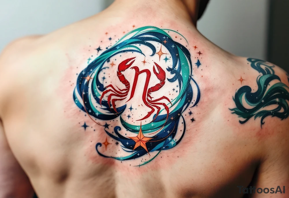 The Cancer zodiac in bold red sits at the heart of a swirling indigo and emerald star constellation. tattoo idea