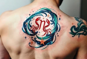 The Cancer zodiac in bold red sits at the heart of a swirling indigo and emerald star constellation. tattoo idea