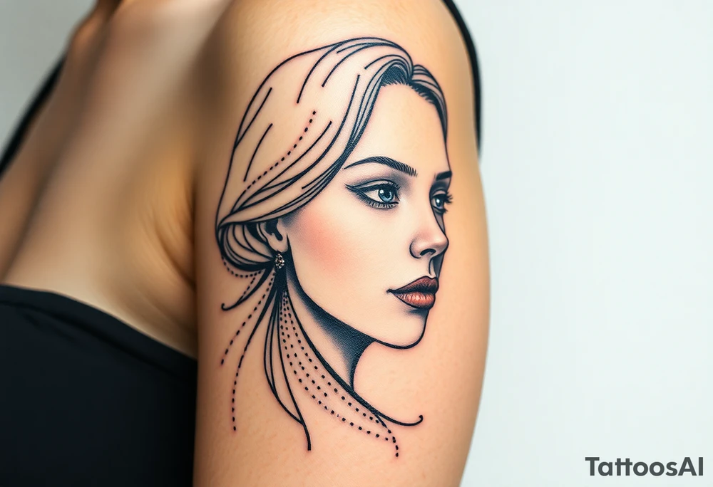 Desenhe uma tatuagem que simbolize uma mulher feminista de 41 anos, mãe de dois filhos homens, independente e filósofa inspirada nas teorias de Deleuze. A tatuagem deve expressar força, liberdade e conexão com a multiplicidade da vida, incorporando elementos abstratos e fluidos, com linhas que sugiram movimento e transformação contínua. Evite clichês e busque um design original e significativo. A tatuagem deve coobrir todo braço superior tattoo idea
