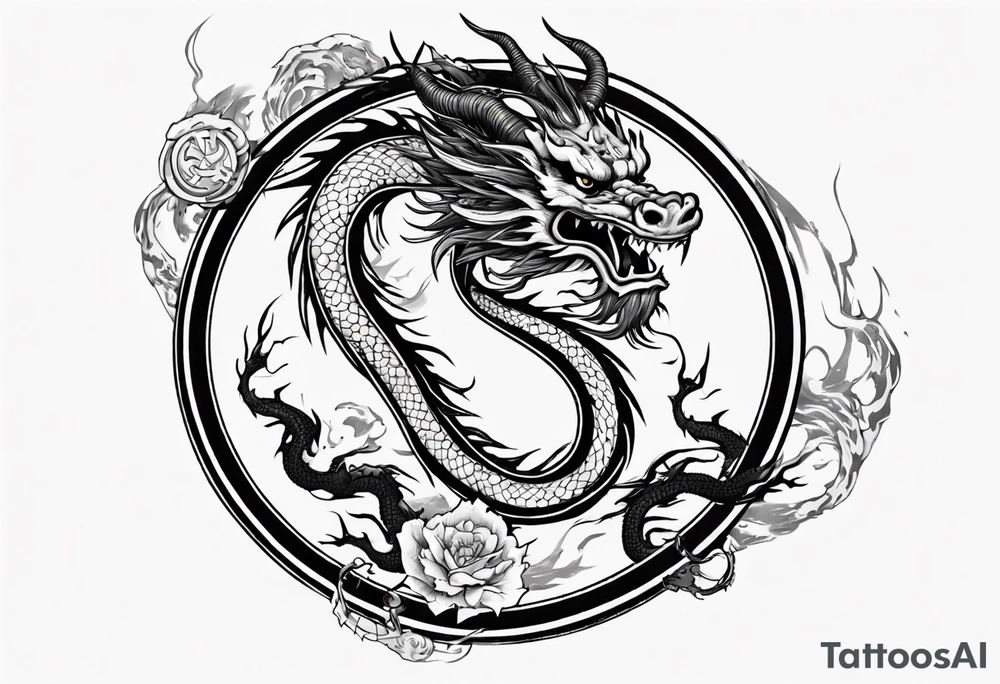 Chinese dragon in a circular shape with "02.03" written on its skin tattoo idea