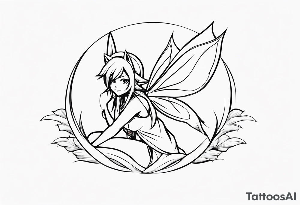 A fairy with a tail inspired by the logo of the show called Fairy Tail in a fetal position leaning in tattoo idea