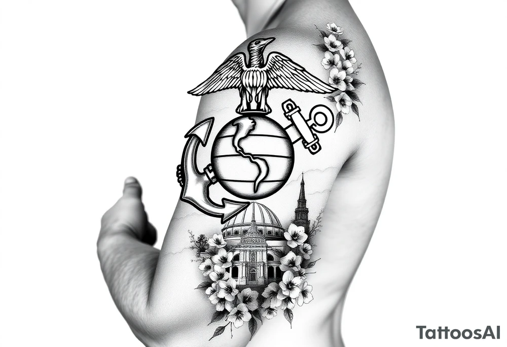 Marine Corps eagle globe and anchor emblem, Mount Fuji, Washington monument all with cherry blossoms filling in tattoo idea