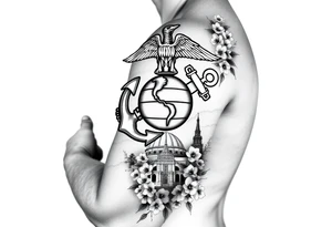 Marine Corps eagle globe and anchor emblem, Mount Fuji, Washington monument all with cherry blossoms filling in tattoo idea