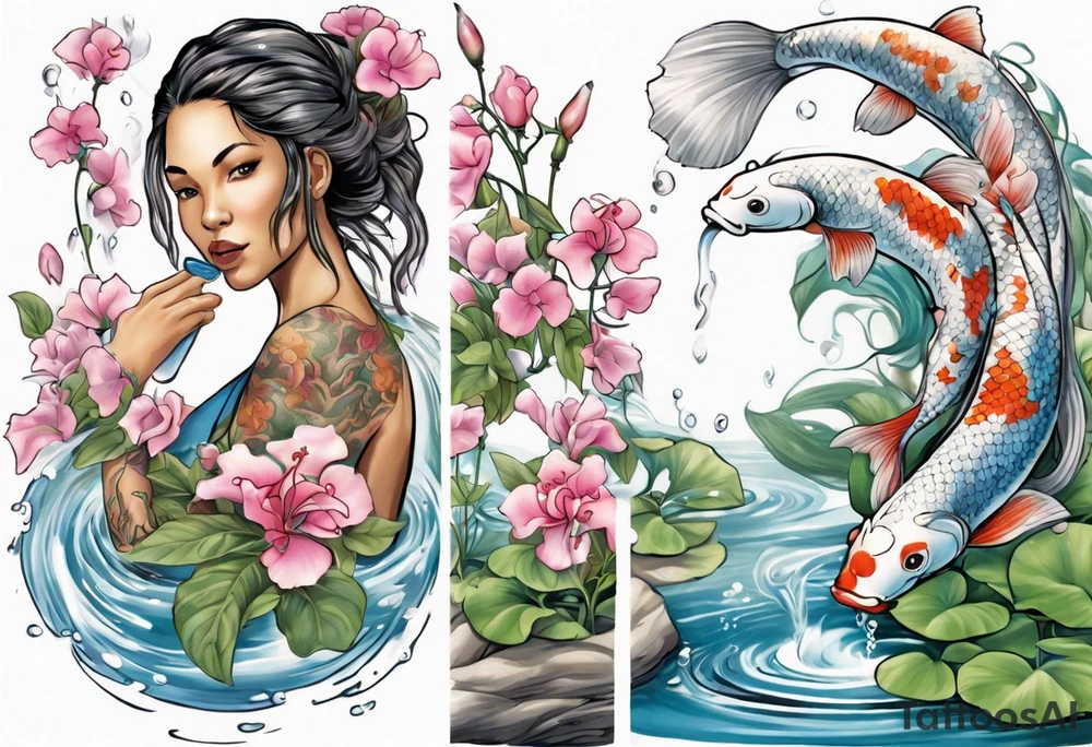 ethnic 
water-bearing woman and two little boys, watering sweet pea flowers cascading down, surrounding a pond with 2 koi fish swimming tattoo idea