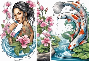 ethnic 
water-bearing woman and two little boys, watering sweet pea flowers cascading down, surrounding a pond with 2 koi fish swimming tattoo idea