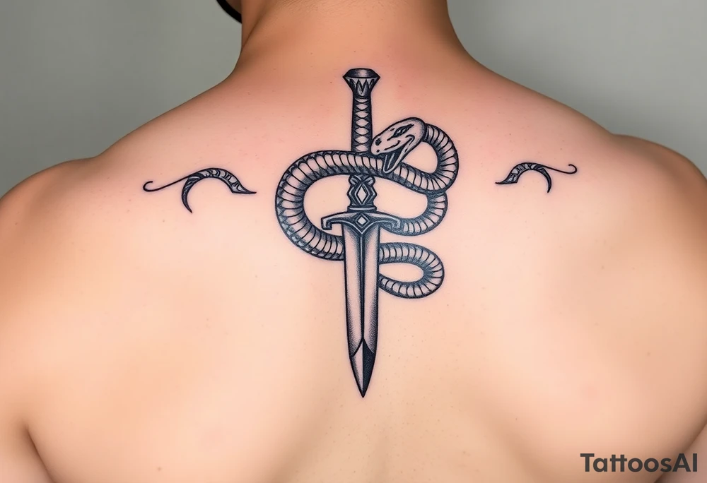 mystical snake coiled around an ancient dagger with jeweled hilt tattoo idea