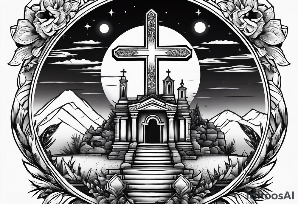 Tomb with cross and sun in the background tattoo idea