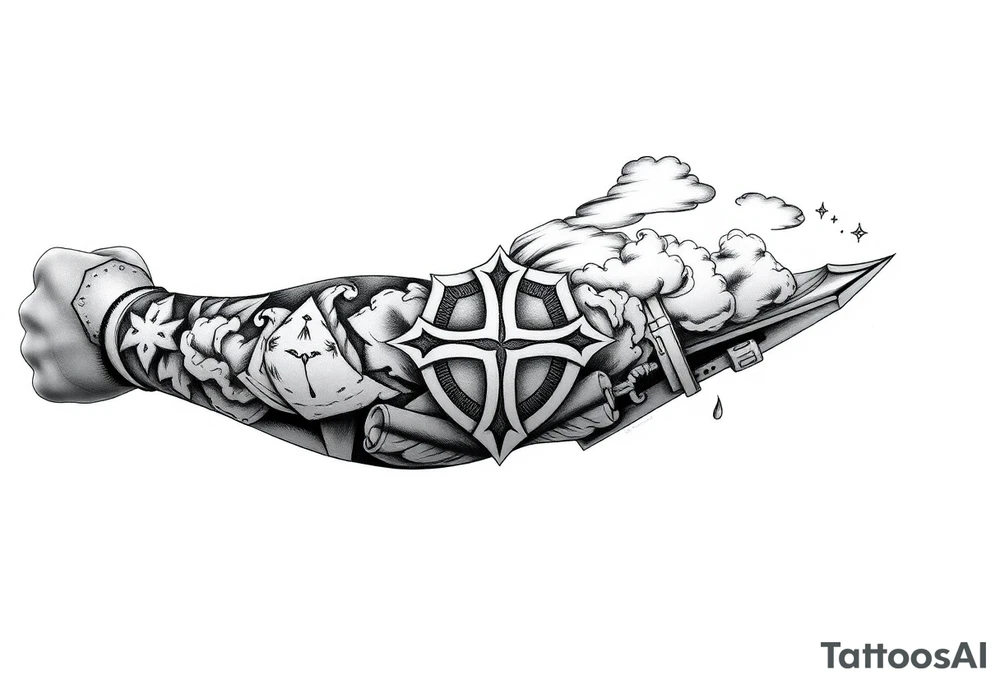Half sleeve. King Alfred the great, sword, clouds, shield, cross tattoo idea