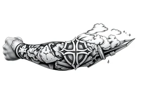 Half sleeve. King Alfred the great, sword, clouds, shield, cross tattoo idea