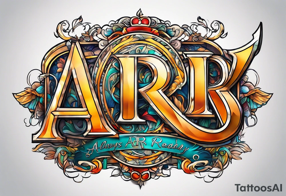 The letters AR together with the words always ready going down the side of the letters tattoo idea