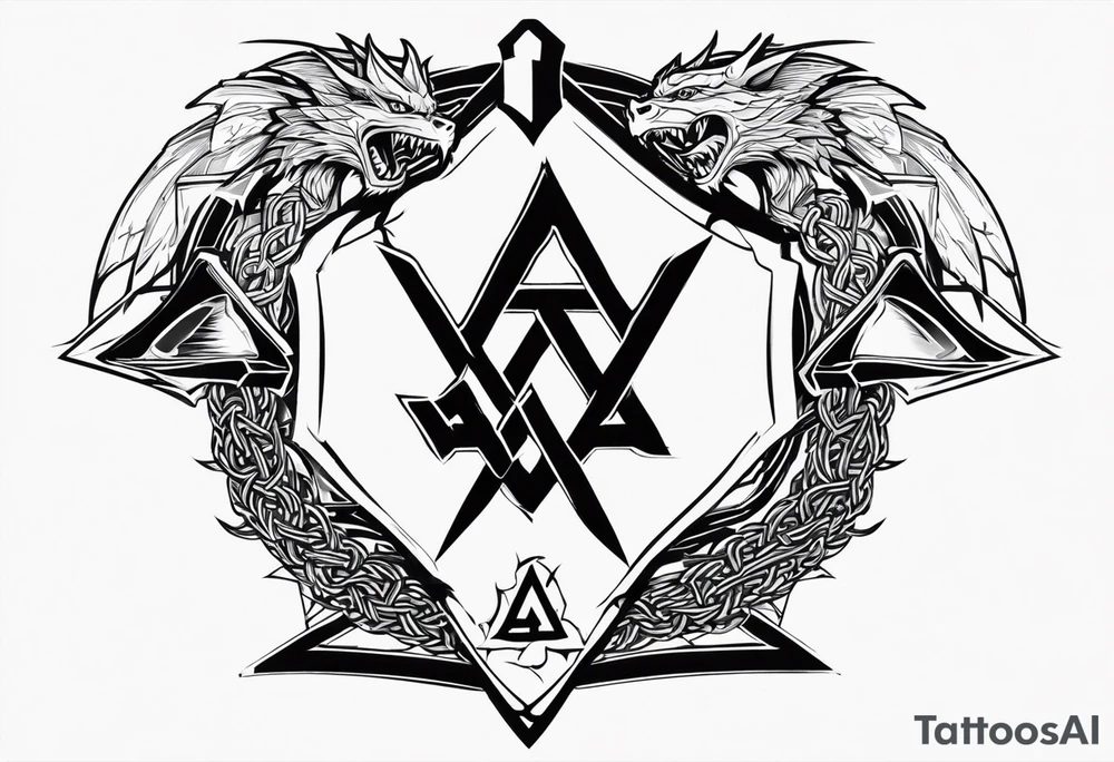 Valhalla sword shield dragon axe Valknut barbed wire chains tattoo idea Valhalla sword shield dragon axe Valknut barbed wire chains tattoo idea