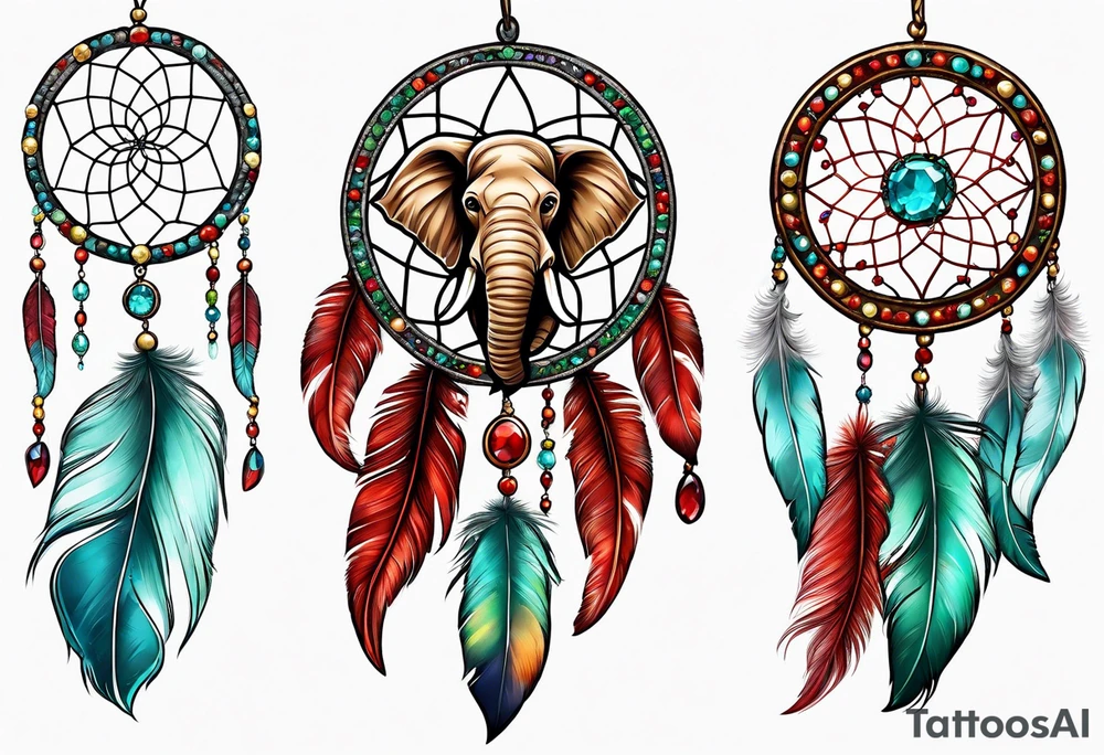 dreamcatcher with an aquamarine feather a red feather and a peridot feather with gemstones and elephant tattoo idea