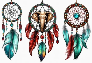 dreamcatcher with an aquamarine feather a red feather and a peridot feather with gemstones and elephant tattoo idea