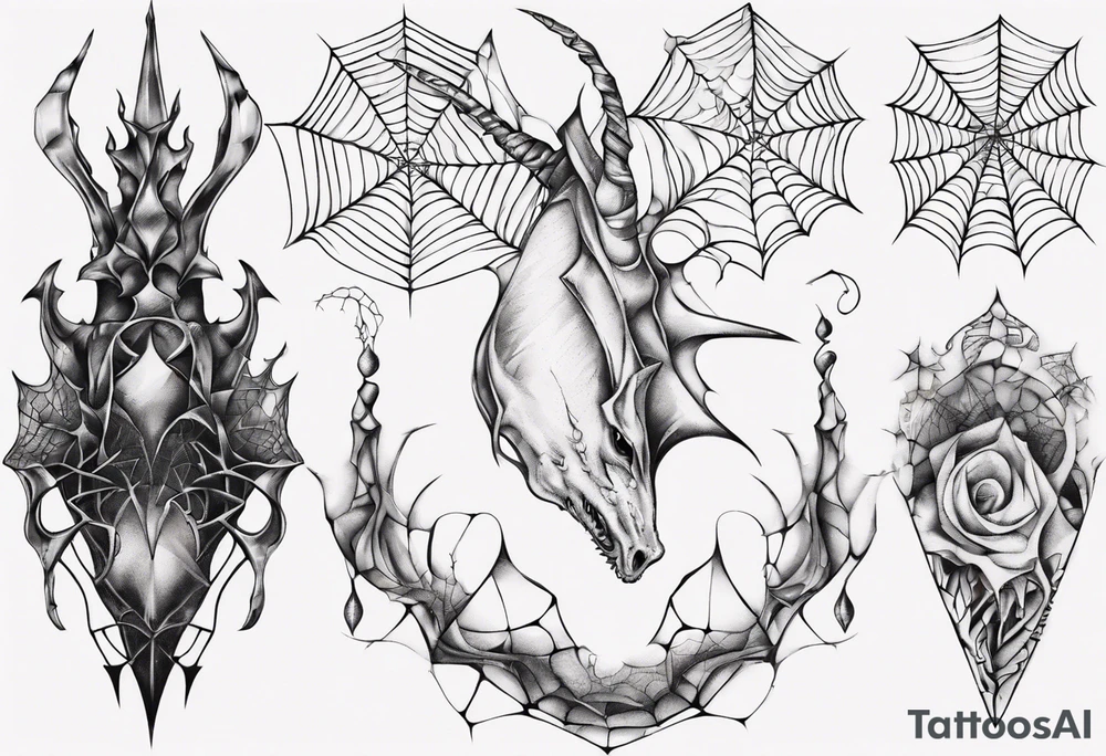 Dragon scales tangled spiderweb unicorn horn shattered chalices spider tattoo idea