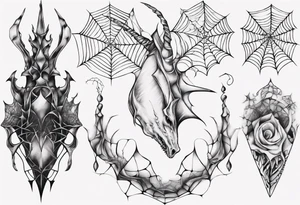 Dragon scales tangled spiderweb unicorn horn shattered chalices spider tattoo idea