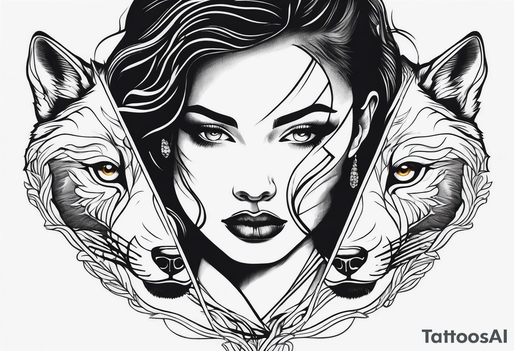 Woman’s face splitting into another with wolf cut hair tattoo idea