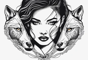 Woman’s face splitting into another with wolf cut hair tattoo idea