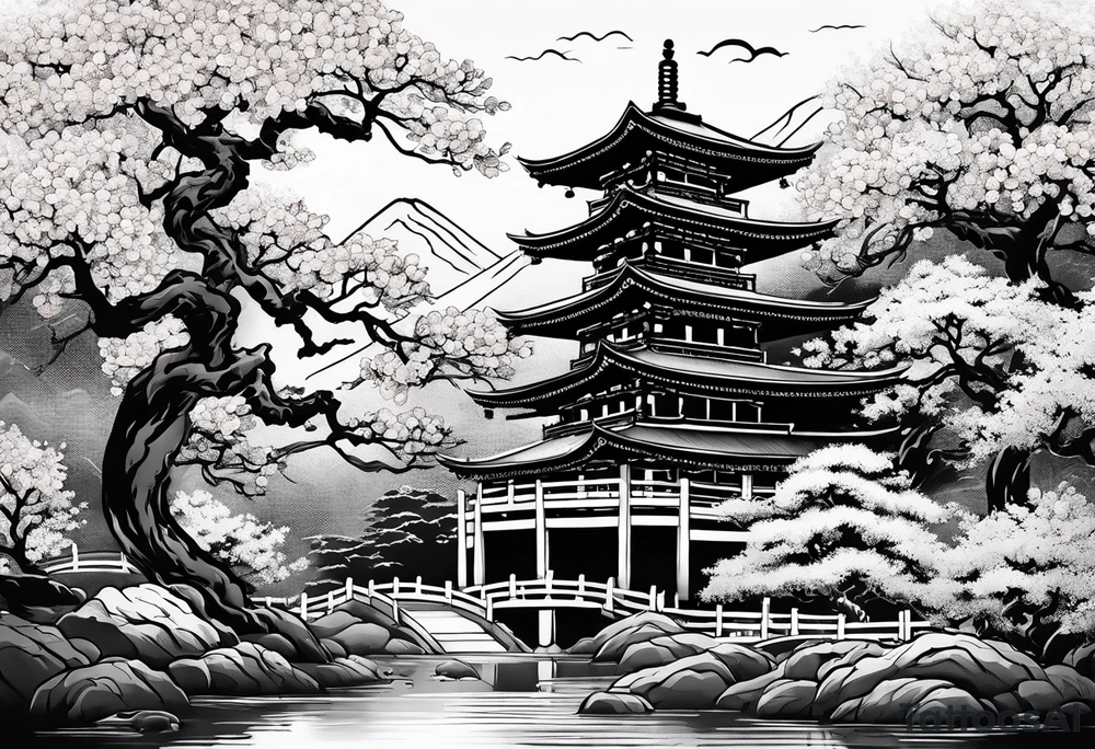 Traditional Japanese temple, Sakura tree, small river , tiger , dragon tattoo idea
