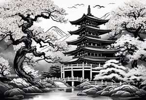Traditional Japanese temple, Sakura tree, small river , tiger , dragon tattoo idea