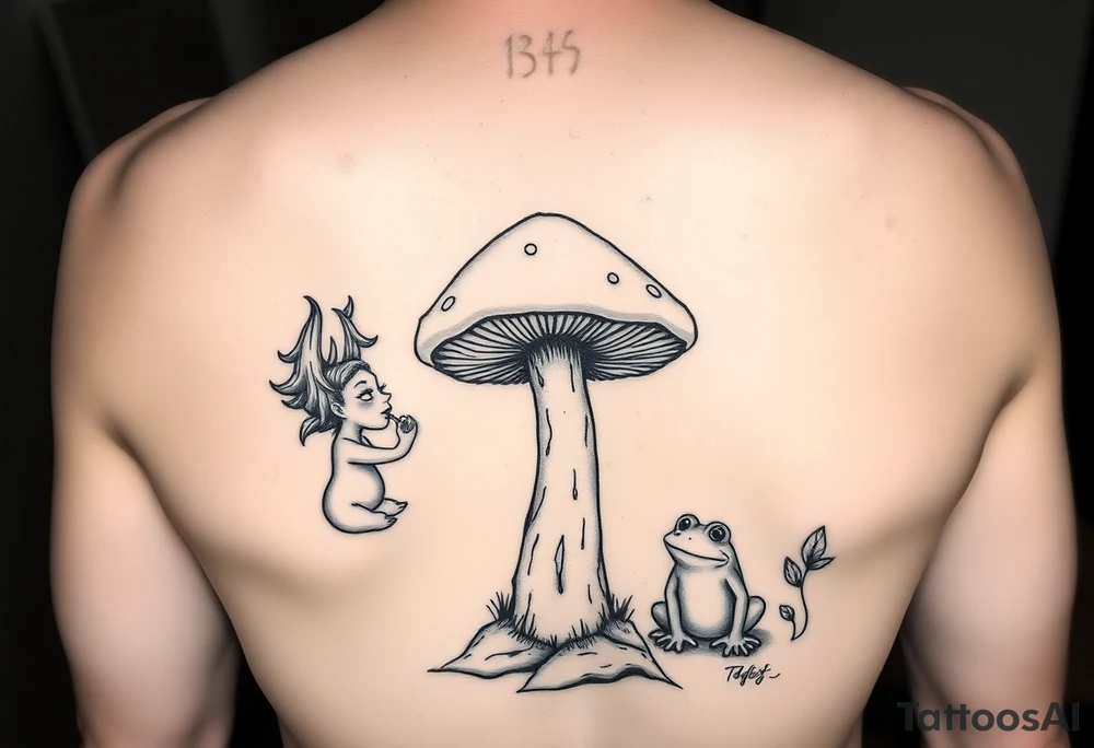A mystic and majestic mushroom forest with a beautiful female troll eating a lollipop atop of the biggest mushroom with a frog waiting under that same mushroom trying for his chance to become prince charming tattoo idea