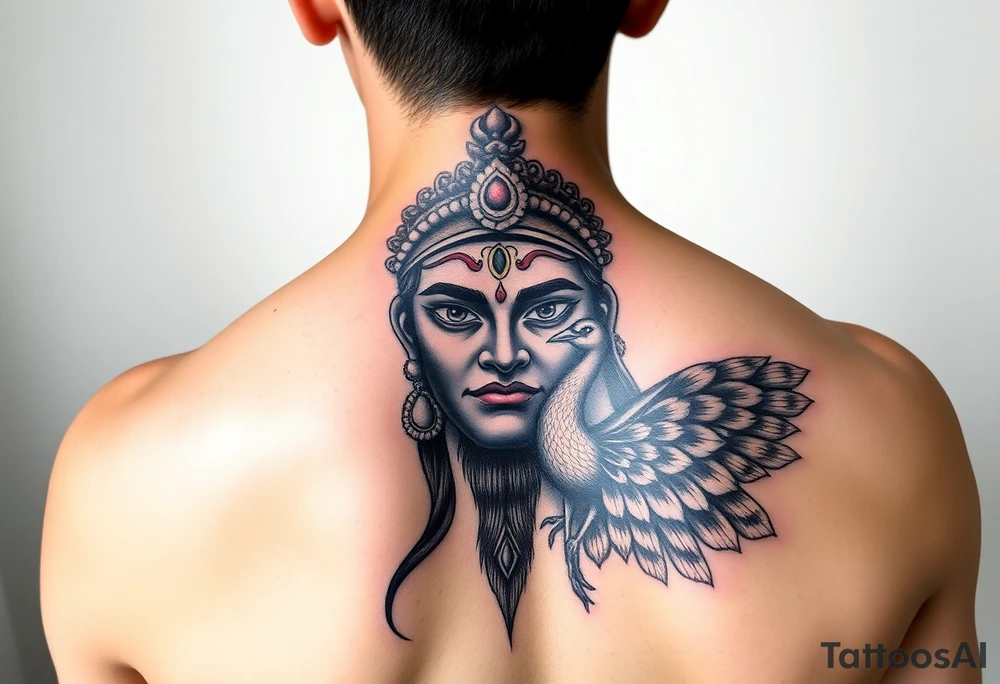 lord murugan colorful face tattoo with peacock
on back feminine tattoo idea