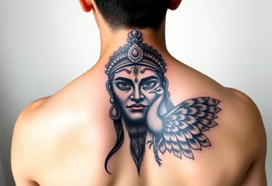 lord murugan colorful face tattoo with peacock
on back feminine tattoo idea