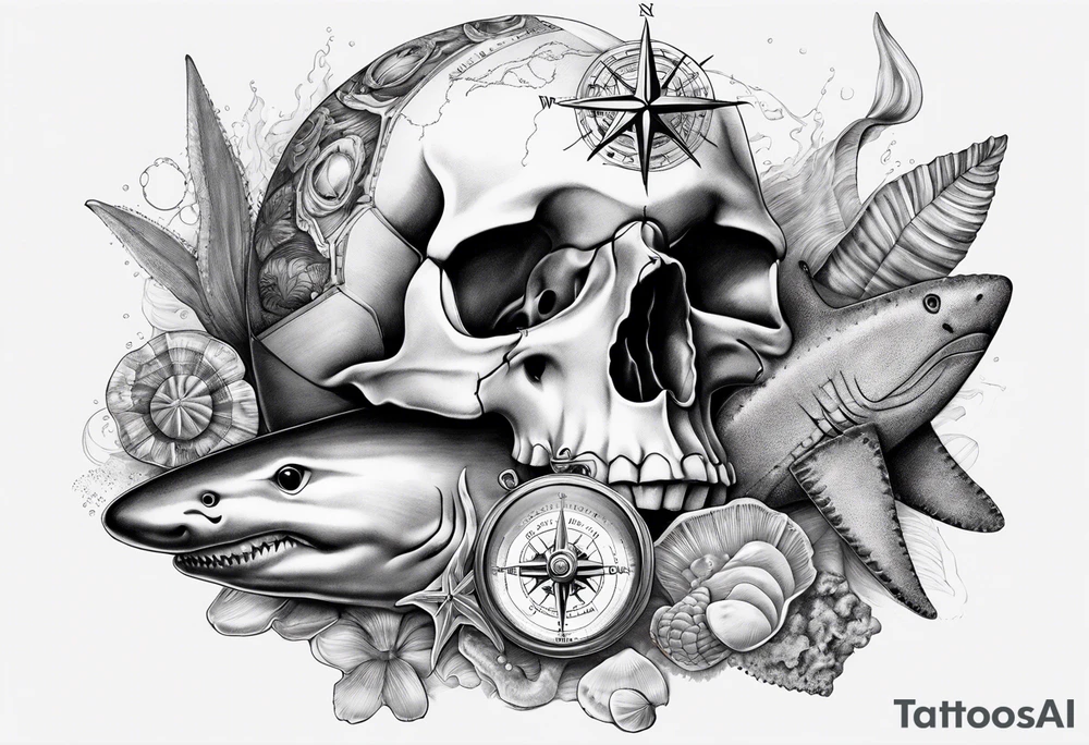 Compass, shells, shark teeth, starfish, oyster with pearl, skull tattoo idea