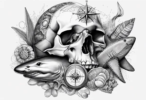 Compass, shells, shark teeth, starfish, oyster with pearl, skull tattoo idea