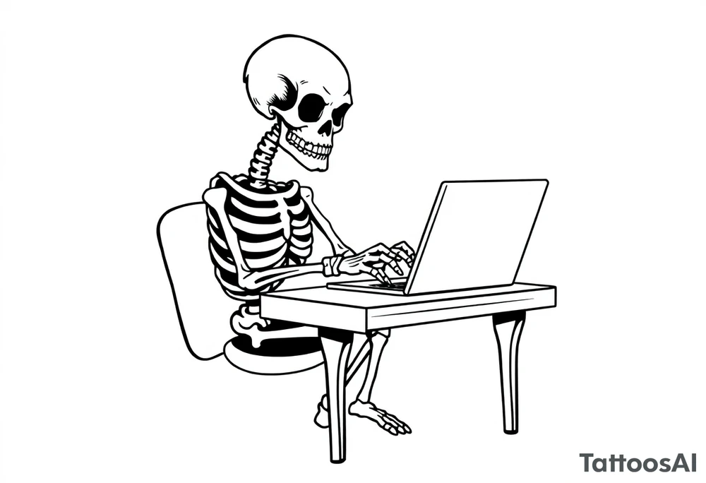 skeleton working at a desk with a laptop tattoo idea