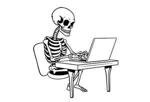 skeleton working at a desk with a laptop tattoo idea