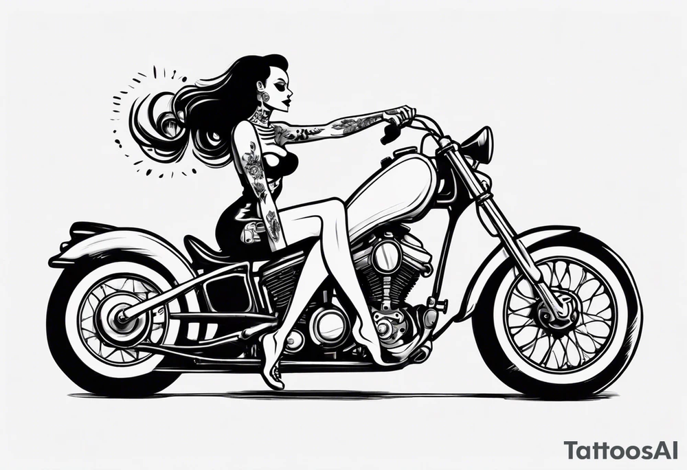 Skeleton pinup doll driving a motorcycle tattoo idea