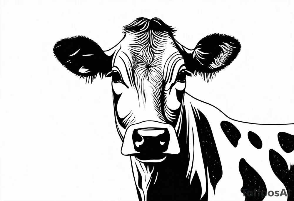 A black-and-white silhouette of a Holstein cow head facing forward. The cow’s head is outlined in bold black lines, with sharp, angular shapes defining its features. The body is represented by minimal black spots, stark against the white silhouette. The cow's head is positioned inside a simple white circle, which is placed on a solid black circle. The entire logo is against a clean white background, with strong contrasts between the black silhouettes and the white space. The design is minimalist, focusing on the silhouette of the cow and the simple, bold shapes of the logo. tattoo idea