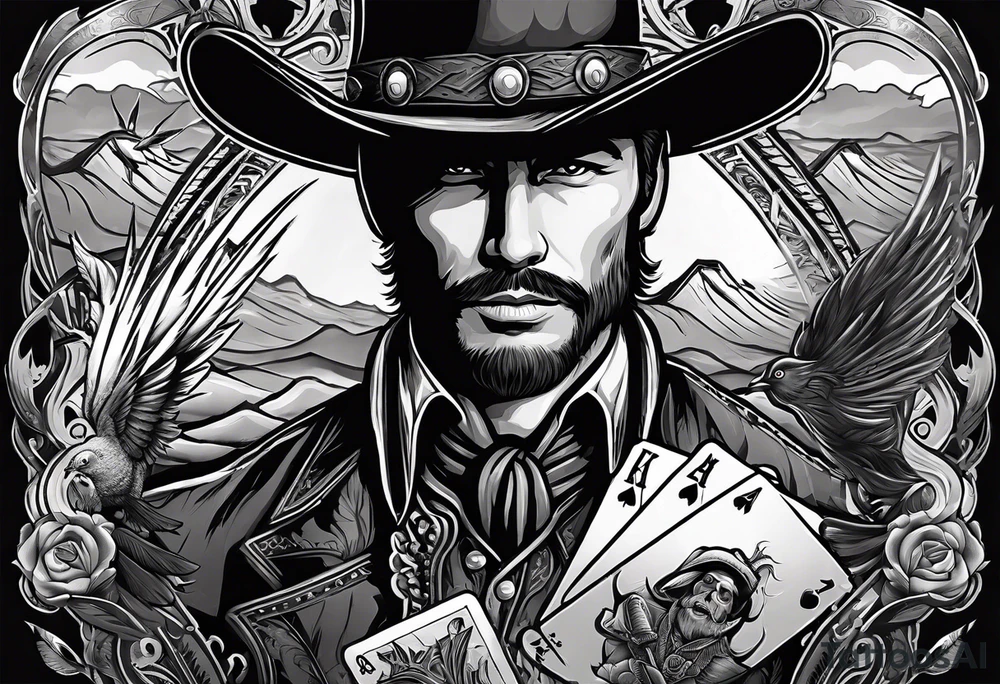 sleeve with a wild west vibe with elements of a cowboy, playing cards, and birds, with no people or faces tattoo idea