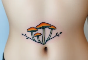 A mole surrounded by ethereal golden glowing mushrooms, blending shades of ochre, bronze, and deep forest green tattoo idea