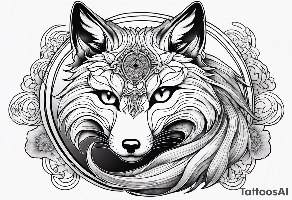 kitsune japonesa em forma de raposa com sua máscara e as fases da lua, corpo inteiro da raposa tattoo idea