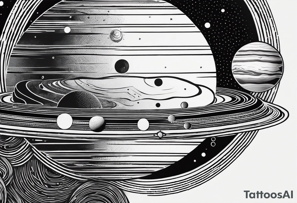 simple jupiter with circular objects and geometric elements, stippled shading, little bit of dotwork, white background tattoo idea