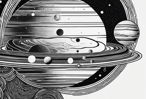 simple jupiter with circular objects and geometric elements, stippled shading, little bit of dotwork, white background tattoo idea
