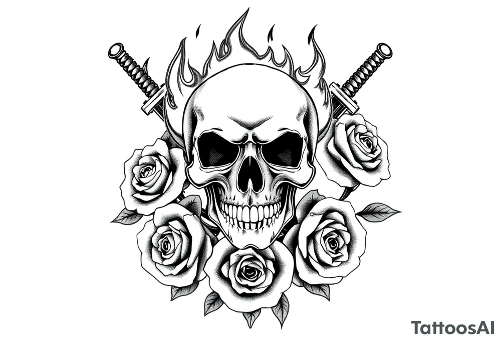 Skull engulfed in flames, crossed swords behind, blooming roses. tattoo idea