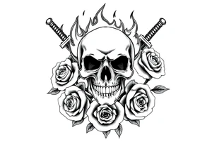 Skull engulfed in flames, crossed swords behind, blooming roses. tattoo idea