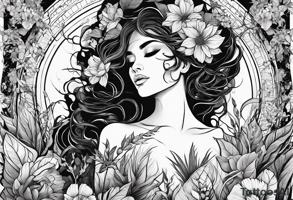 A woman, plants are growing around her, she has some wounds from the plants tattoo idea