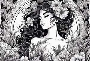 A woman, plants are growing around her, she has some wounds from the plants tattoo idea