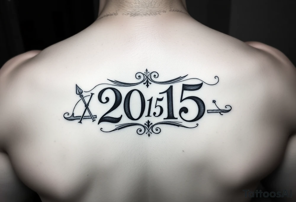 a powerful majestic set of roman numerals equalling the year 2015, with an elegant name placed within the center of the roman numerals tattoo idea